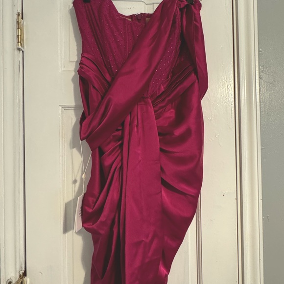 Miss Circle Darlene Fuchsia Off Shoulder Corset Satin Dress With Crystals - Picture 3 of 9